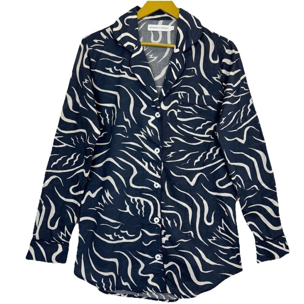 Desmond & Dempsey Long Sleeve Pajama Top Swirly Print Size S Blue White Lounge